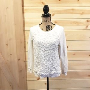 Loft Off White Lace Front Sweatshirt Medium Petite